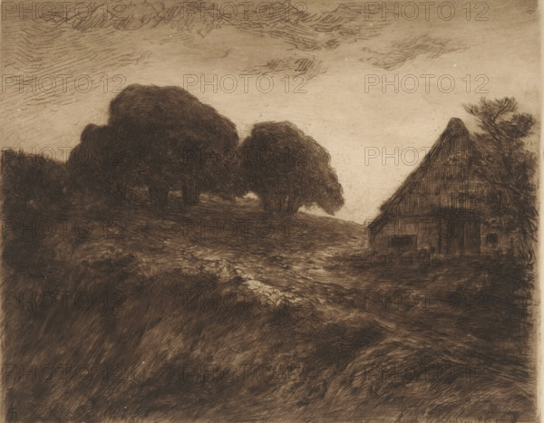 Hill landscape with chestnut trees and barn near Materborn, print, number: '412', printmaker: Carel