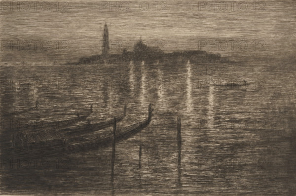 View of San Giorgio Maggiore in Venice at night, print, Gondolas are moored in the foreground. The