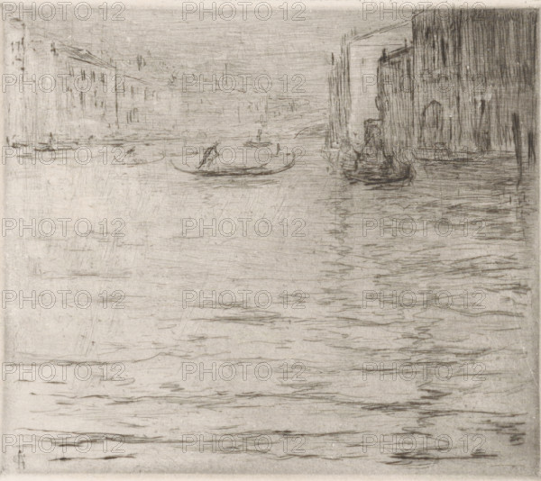 View of the Grand Canal in Venice, print, In the background gondolas sail on the canal., number: