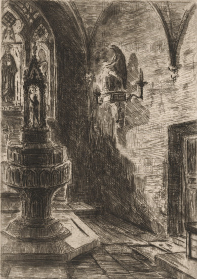 Baptismal font in a church in Cleves, print, Possibly the Collegiate Church., number: '419',