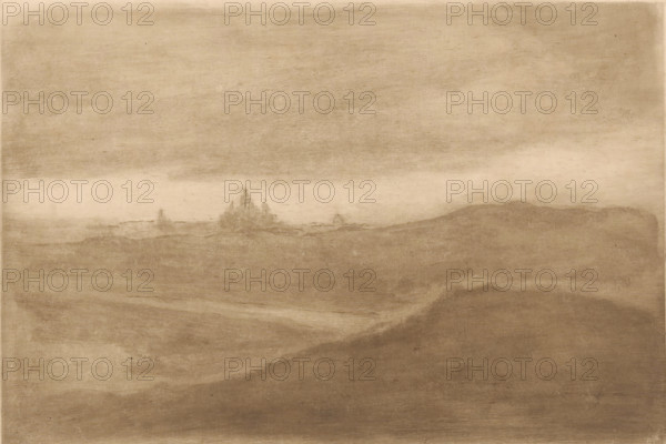 Twilight in the dunes near Scheveningen, print, On the horizon the outlines of the Kurhaus.,