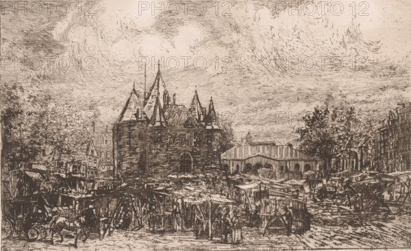View of the Nieuwmarkt in Amsterdam, print, printmaker: Frans Schikkinger (signed by artist), 1848
