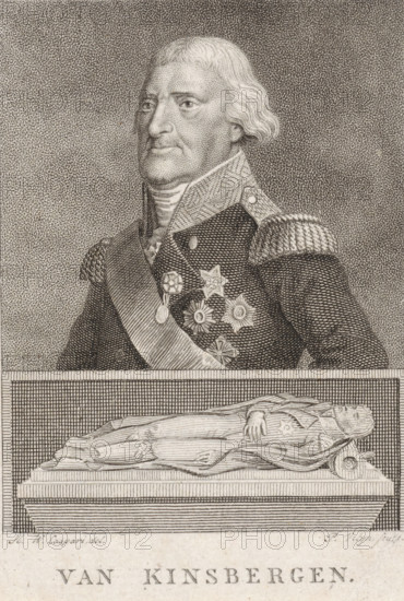 Portrait of Jonkheer Johan Hendrik van Kinsbergen and tomb, print, Portrait of Lieutenant Admiral