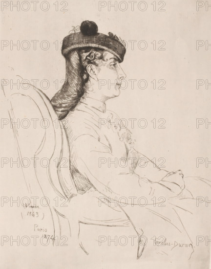 Sitting woman with headdress, print, printmaker: Emile Auguste Carolus-Duran, France, 1874, paper,