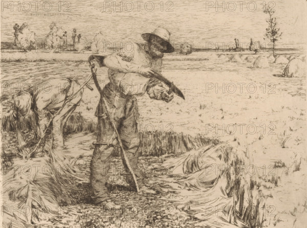 Mowers in the field, print, Top right numbered 1., watermark, printmaker: Jules Bastien-Lepage,