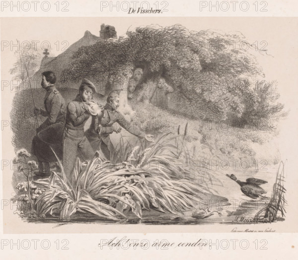 The Fishermen, Soldiers fishing for ducks, print, One of the soldiers is pulling a duck to the