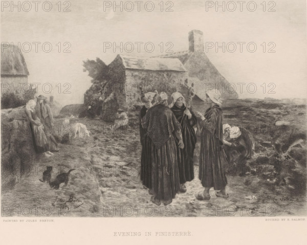 Evening in Finisterre, Country road at night with villagers, print, printmaker: Emile Frédéric