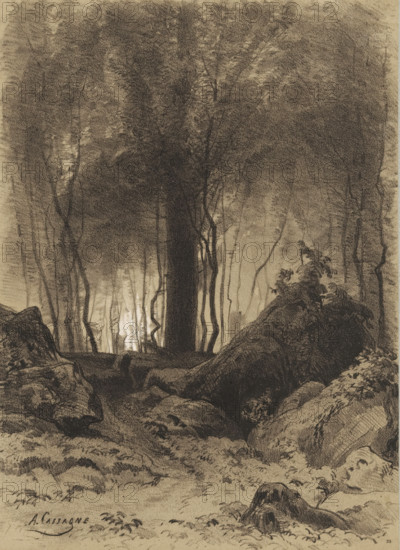 Forest scene with boulders, Landscapes with villages and forest, Le village et les bois, print,