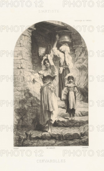 Women carrying tubs on a staircase, Cervarolles, print, printmaker: Eugène Louis Pirodon, after