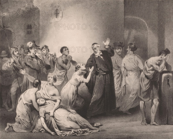 Hambroek, Self-sacrifice of Minister Hambroeck on Formosa, 1662, print, Minister Hambroeck leaves