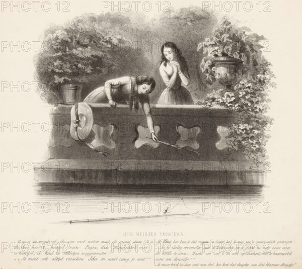 Two fishing girls, How girls fish, print, A girl fishes the fallen fishing rod of a second girl out