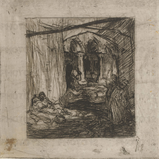 Rag pickers, print, Figures in Oriental clothing on a street, including a reclining man.,