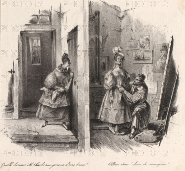 Quelle horreur! Mr. Charles aux genoux d'une dame!, Young woman spies on a painter in his studio,