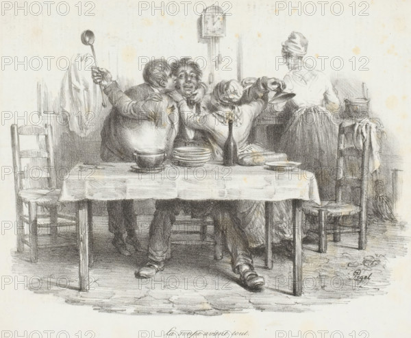 La soupe avant tout, Man at the table is embraced by two children while woman stands at the