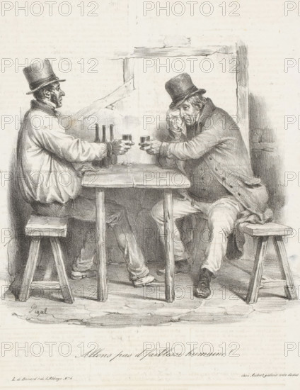 Allons pas d'faiblesse humaine!, Two sad-looking men have a drink, print, printmaker: Edme Jean