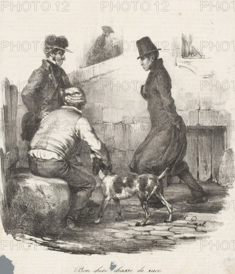 Street scene with three men and a dog, Bon chien chasse de race, Scènes familières, Recognizable