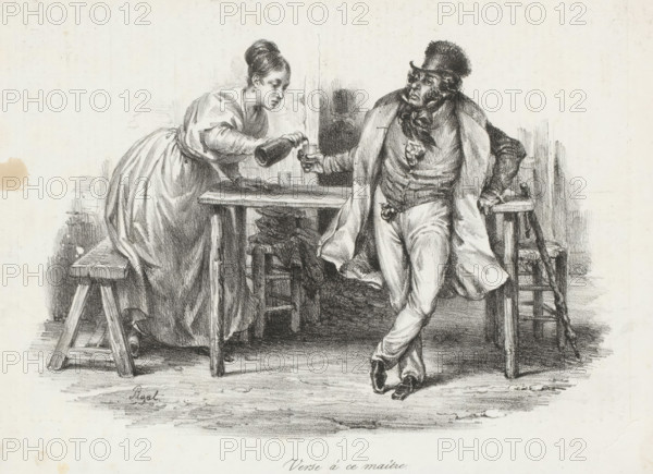 Verse à ce maître, Woman filling a man's glass with a bottle, Scènes familières, Recognizable