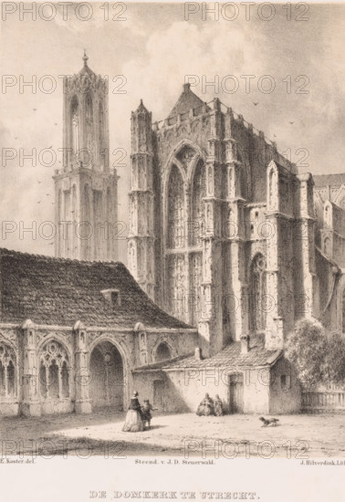The Dom Church in Utrecht, Dom Church and Dom Tower in Utrecht, print, Several figures are walking