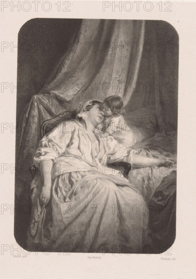 Mother with small child kissing her, La mère et l'enfant, print, Series number, 15, 24, printmaker: