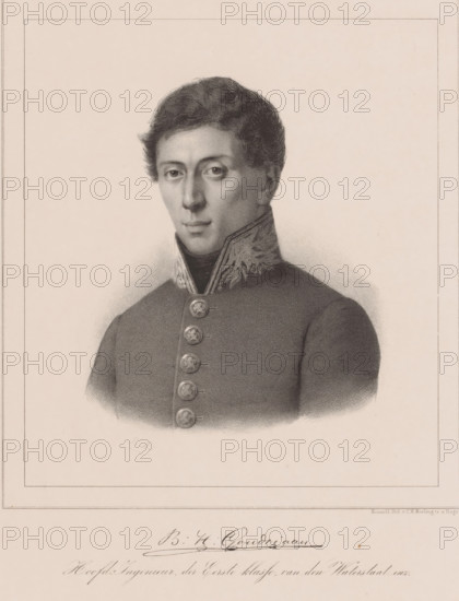 Portrait of Bernard Herman Goudriaan, print, The sitter wears a gala costume with a standing collar
