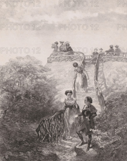 Belvedere, print, A group of men and women enjoys the view. A woman climbs the stairs while a man