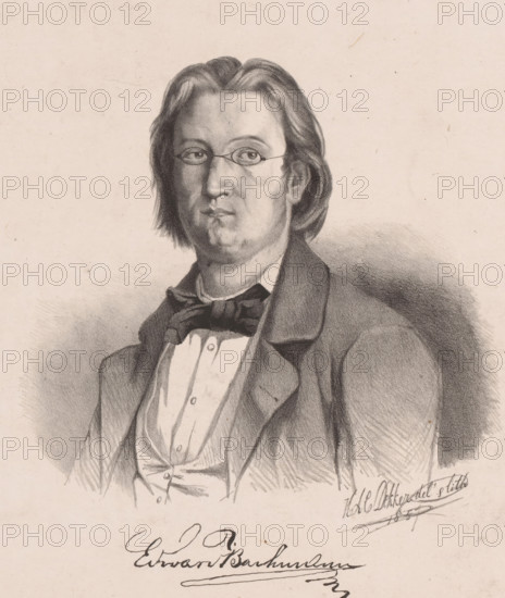 Portrait of E. van Bachmann, print, The sitter wears a knotted tie and glasses. His signature is