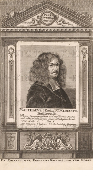 Portrait of Mathhaeus Merian, print, Printed from another plate with an architectural frame.,