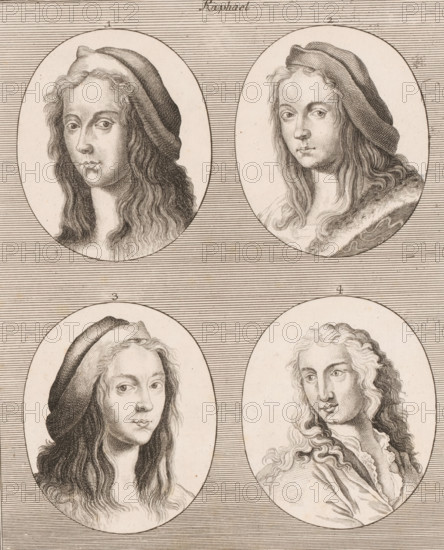 Four portraits of artist Raphael, print, Numbered center top: Tab. XV. The portraits are numbered