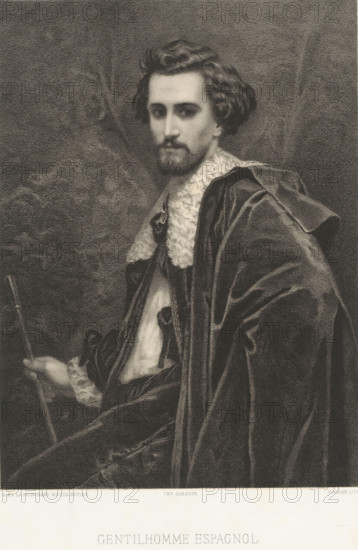 Spanish nobleman in historical clothing, Gentilhomme espagnol, print, printmaker: Eugène Louis