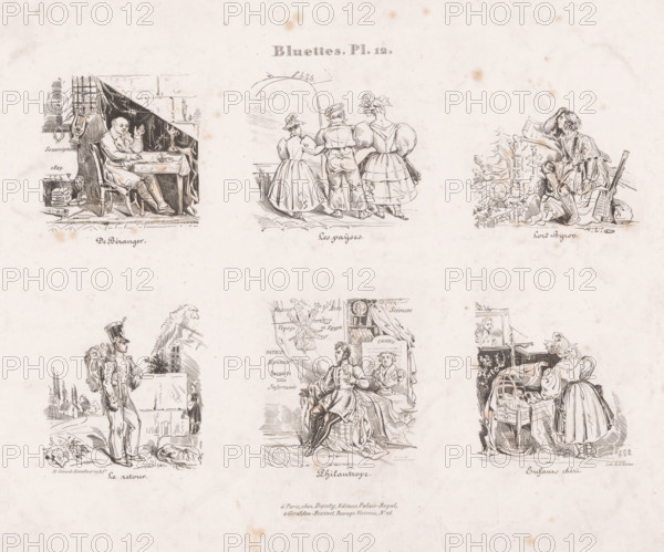 Six scenes with various people, Small scenes from everyday life, Bluettes, print, Series number,