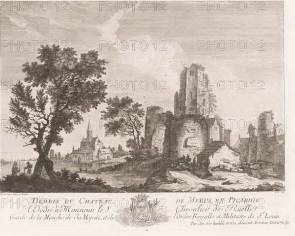Débris du Chateau de Merus en Picardie, View of the ruins of Chateau de Meru, print, printmaker: