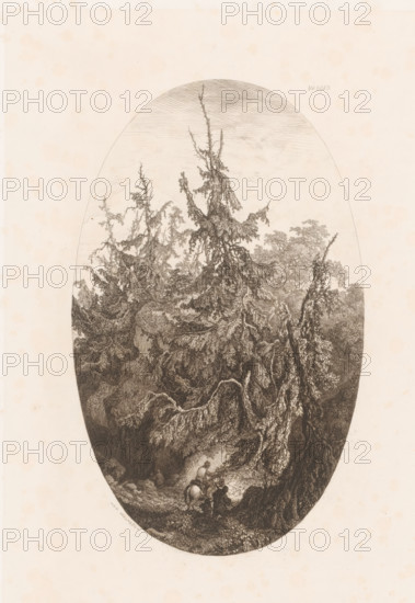 Forest landscape with travelers, Vosges, print, printmaker: Charles André Malardot, France,