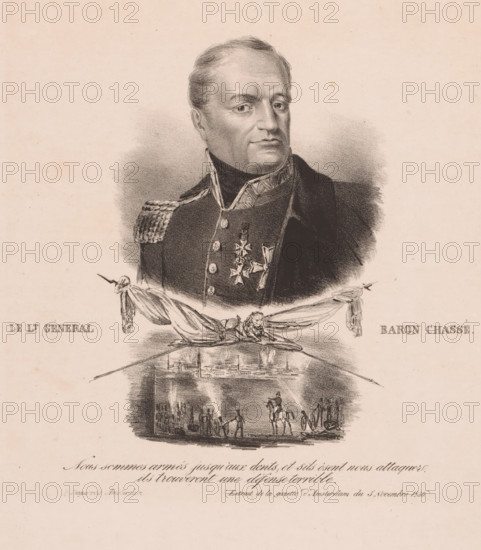 Portrait of Baron Chasse with vignette, print, The sitter wears a military uniform with knightly