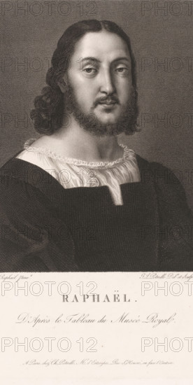 Portrait of Raphael, print, printmaker: Jean Louis Potrelle, after painting by Rafaël, publisher: