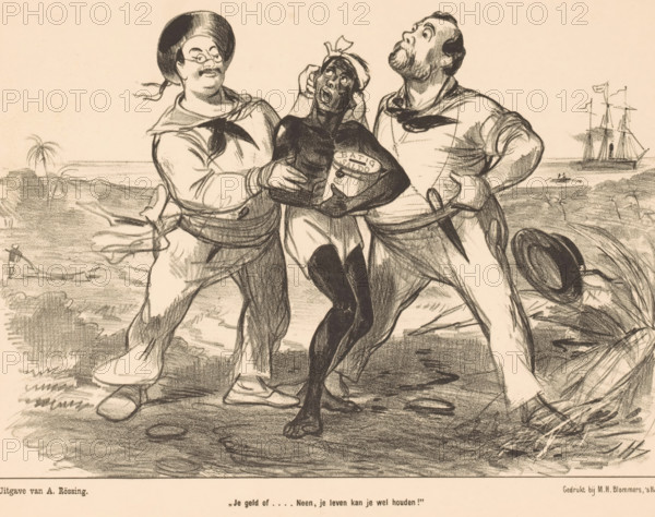 Cartoon about European extortion of non-Western countries, Two European men hold a black man,