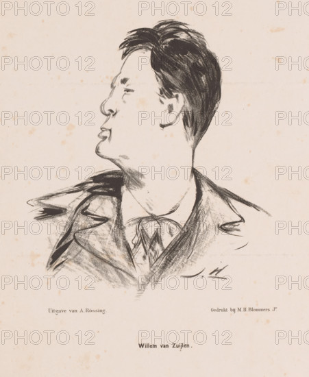 A celebrant, Portrait of actor Willem van Zuylen, cartoon, print, The sitter has turned his head to
