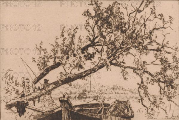 Slanted tree and Eudia (original title), Landscape with fallen tree, boats and angler, print,
