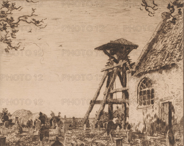 Church with churchyard and bell tower, Churchyard with bell tower, Giethoorn (original title),
