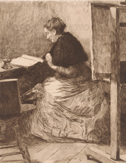 Reading woman at a table, print, printmaker: Leo Van Aken, 1867 - 1904, paper, etching, drypoint,
