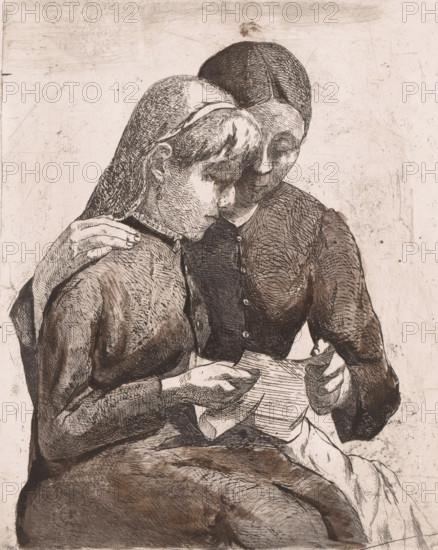 Two seated women reading a letter together, print, annotation: '2eme Eupreuve retouchée',