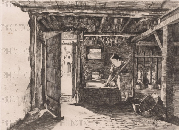 Woman at work in a stable, print, annotation: '1. Etat', printmaker: Willem Albracht (signed by