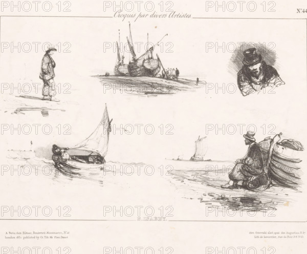 Fishermen and fishing boats on the beach, Macédoine (bateaux et pêcheurs), Sketches by various