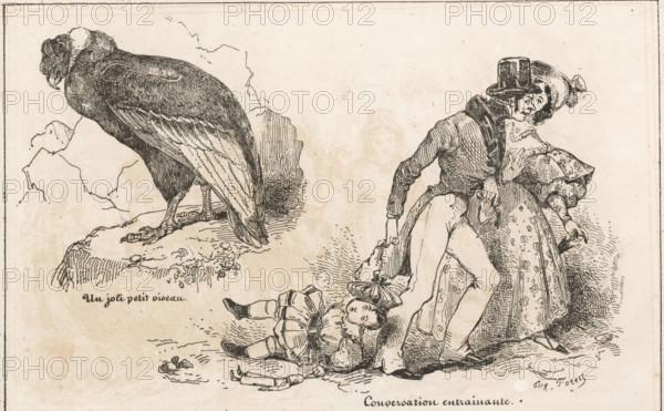 A pretty little bird, Entraining conversation, Sitting vulture and a man dragging a child behind