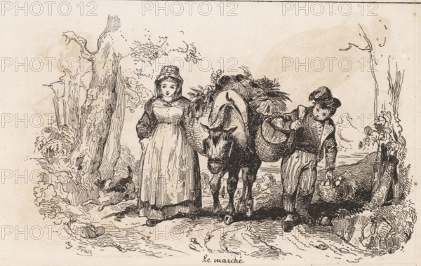 Woman and boy with pack mule, Le marché, Le petit magasin d'estampes, Small collection of prints,
