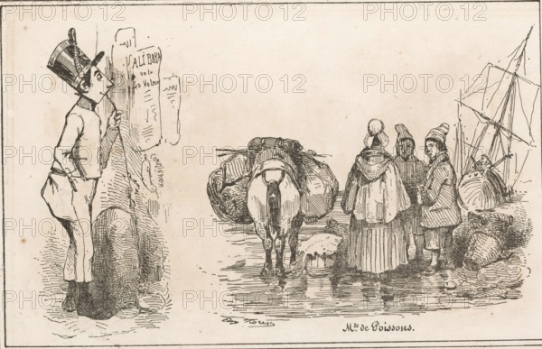 Man reading a poster and figures and pack donkey by the sea, Mds de Poissons, Small collection of