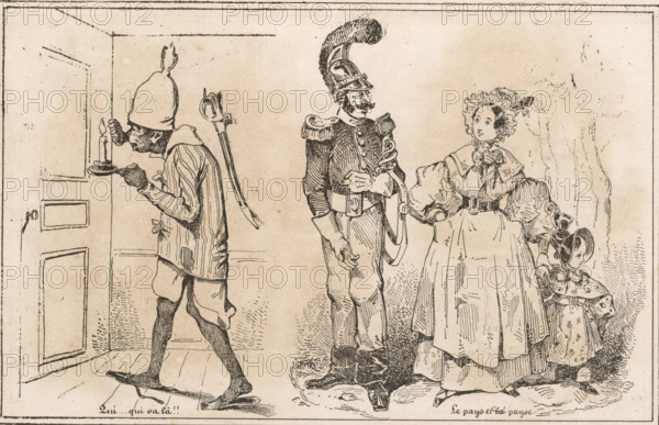 Figure in nightwear and a soldier, woman and child, Le Pays et la Payse, Qui...qui va là!!, Small