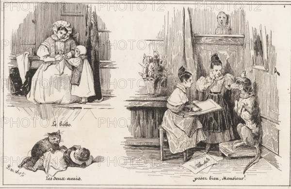 Woman with a child and two girls posing a dog, Posez bien, Monsieur!, Les deux amis, Le bobo, Small