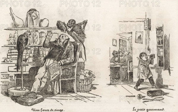 Monkey lifts the wig of a seated man and a child secretly drinks from a bottle, A monkey farce, The