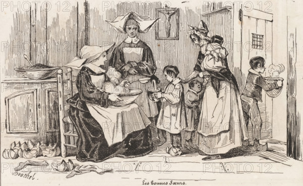 The Good Sisters, Distributing food to the poor, The small print shop, Small collection of prints,