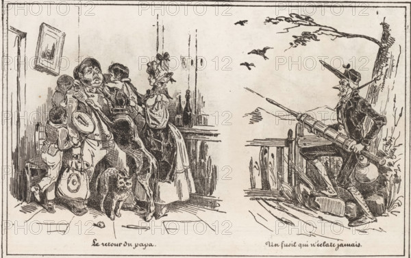 Man greeted by his family upon returning home and a hunter, Un fusil qui n'éclate jamais, Le retour